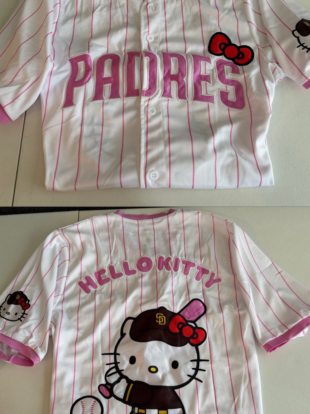 Hello Kitty San Diego Padres White & Pink Pinstripe Baseball Jersey -Adult Large
